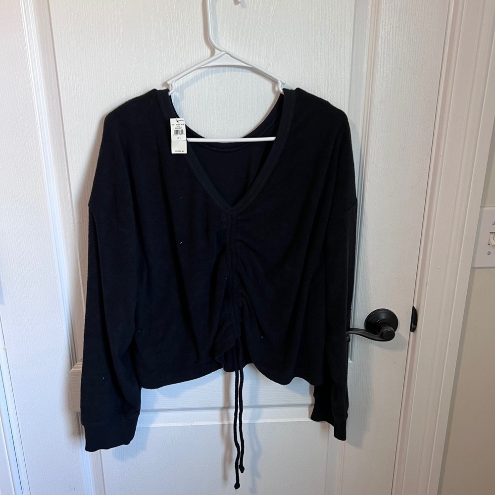 Aerie Women Black Cinched Front V-Neck Cropped Fleece Sweatshirt Size Large NWT